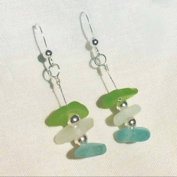 SEAGLASS Aqua Blue, Lime Green & Clear Earrings - Picture 2 of 3